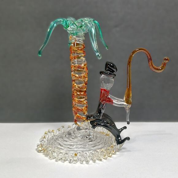 Hand Blown Spun Art Glass Man Fishing Under Palm Tree Figurine - Picture 1 of 11